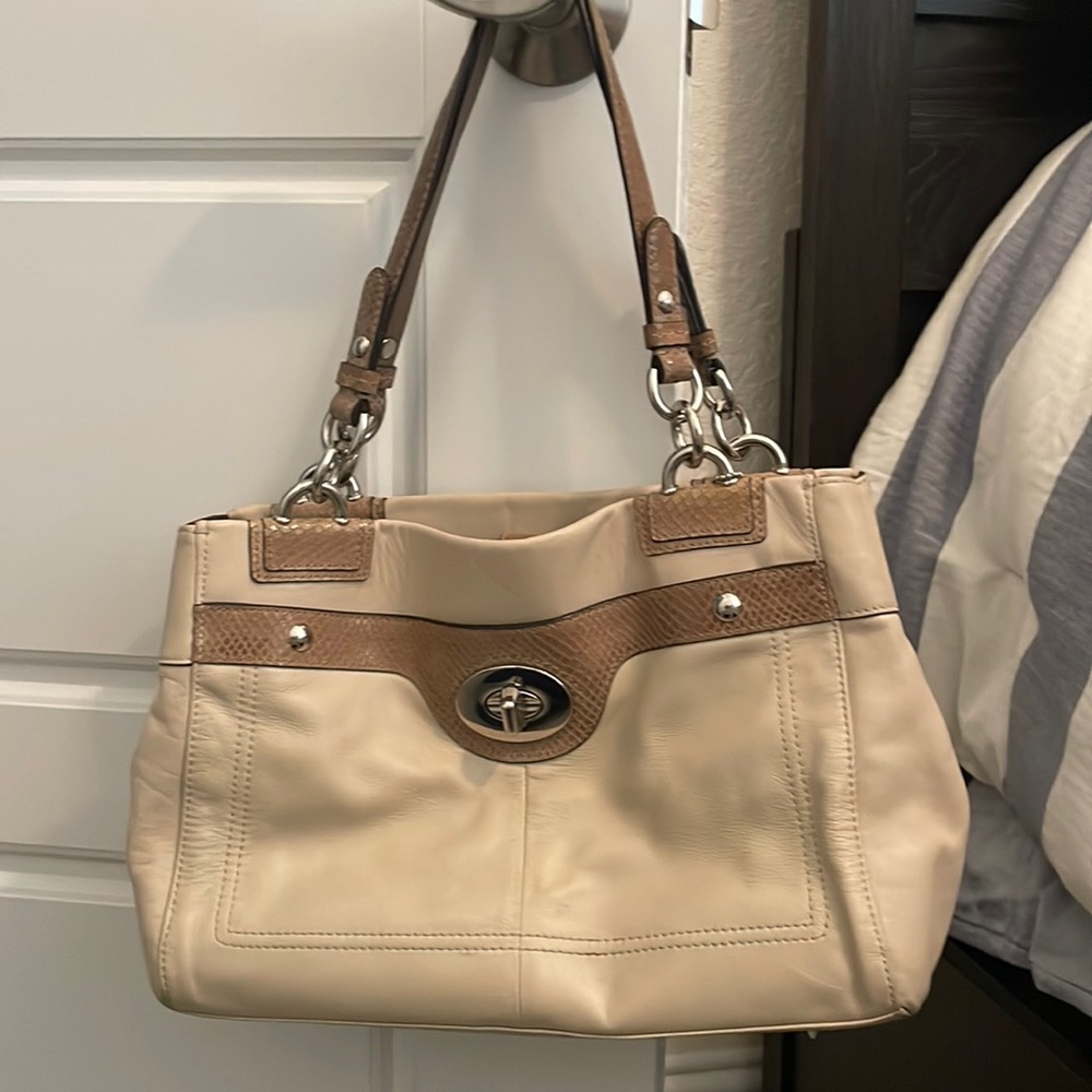 Coach leather handbag | cream and brown color with silver hardware.